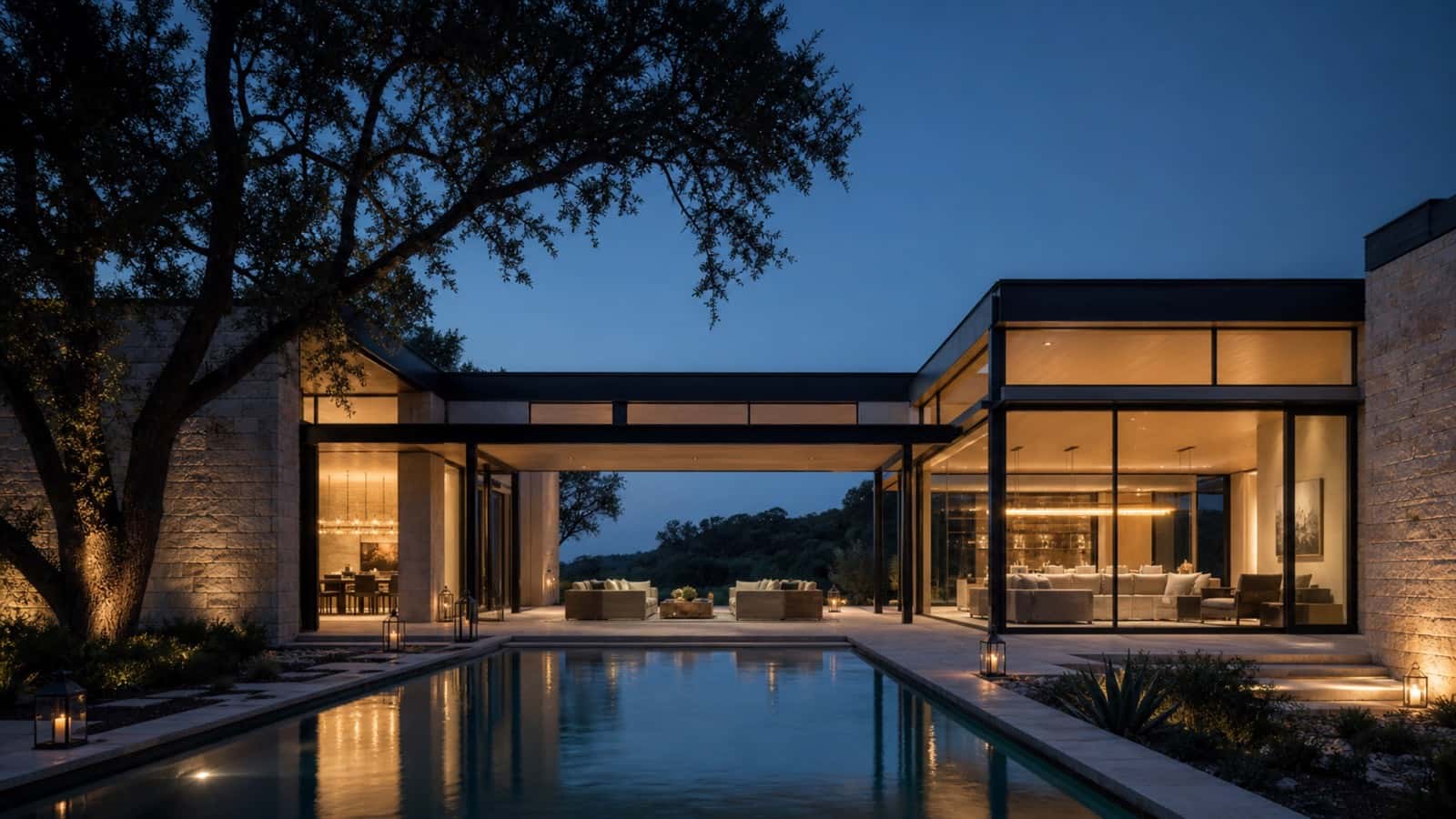 Modern Central Texas luxury home glowing at blue hour